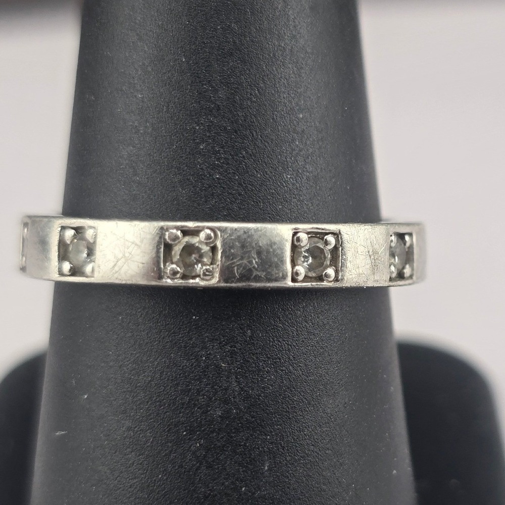 Vintage Estate Band Ring Sterling Silver Tone Signed SW Square Clear Stones 9